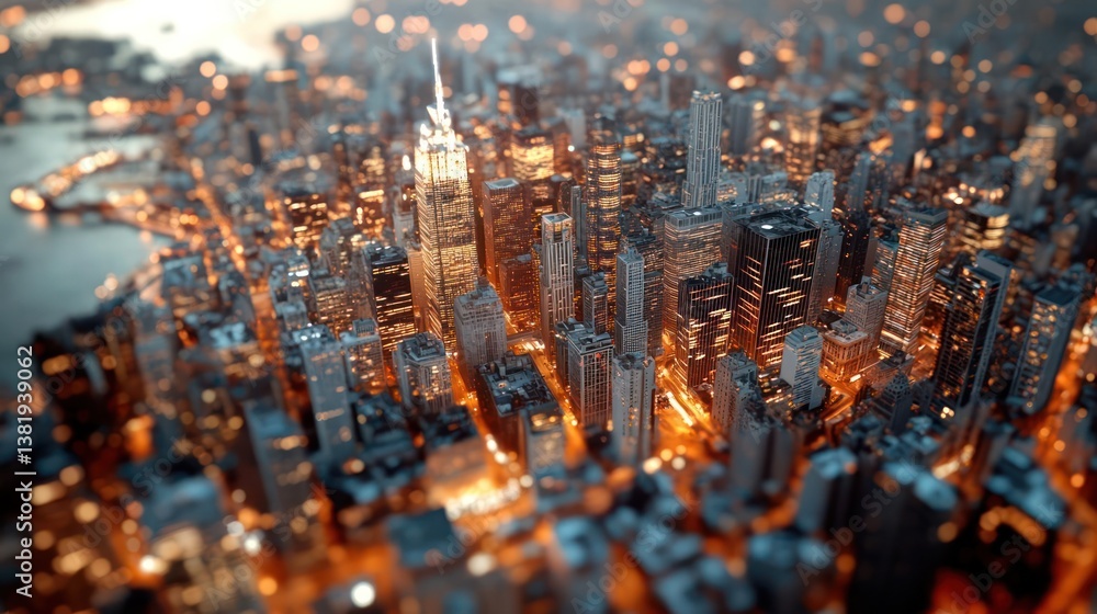 Aufkleber Aerial view of a cityscape at night showcasing illuminated skyscrapers and buildings with a shallow depth of field producing a warm color palette