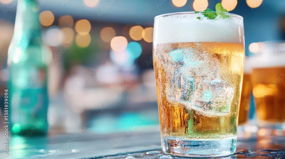 Aufkleber close up shot of a refreshing drink with ice cubes and mint garnish in glass. the foreground shows d