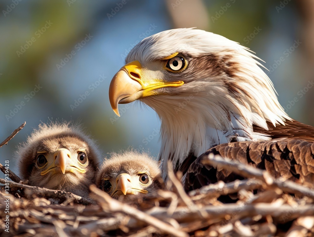 Aufkleber close up view of an adult bird with two chicks in a nest. warm sunlight illuminates the birds agains