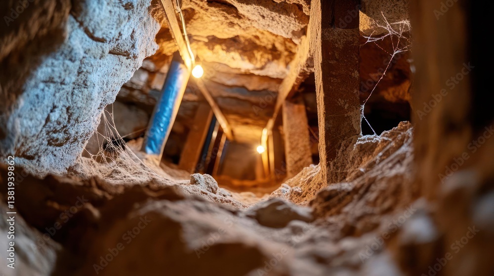 Poster tunnel interior view with wooden supports illuminated by warm lights and textured rock walls in a ti