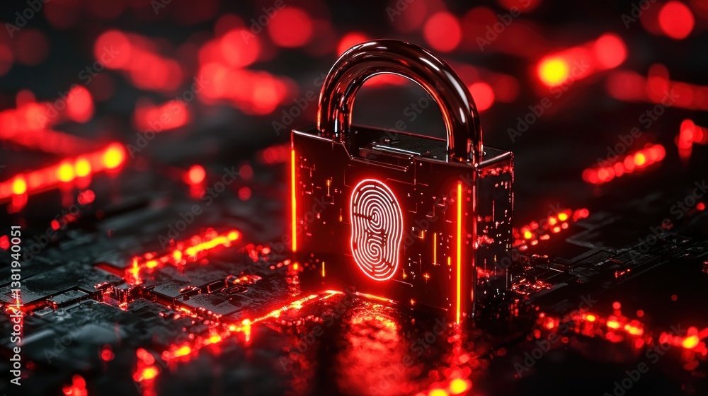 Poster padlock with fingerprint glows red on electronic circuit board background