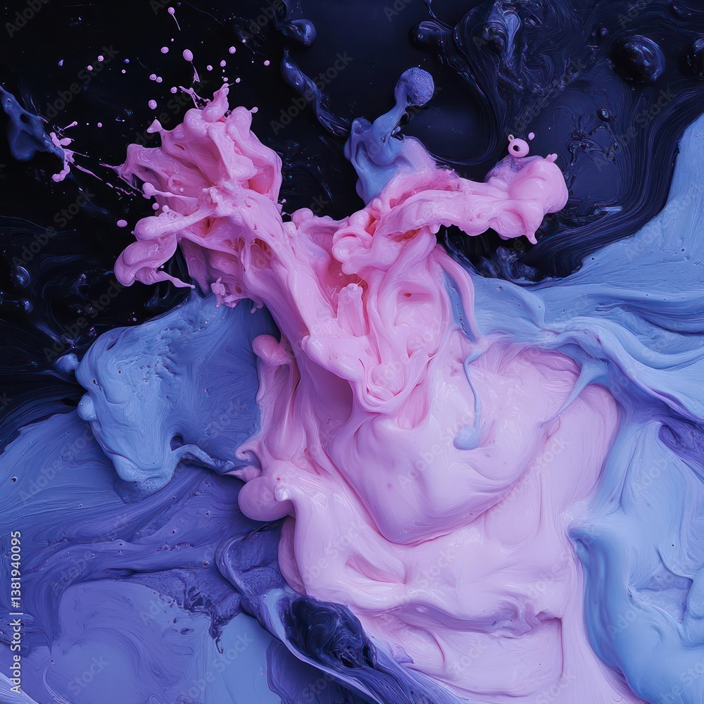 Poster Abstract splash of pink and blue liquid paint against a dark background creating a dynamic fluid forms and textured surfaces