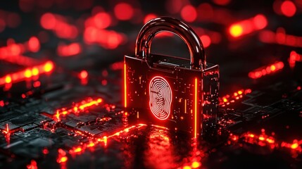 Padlock with fingerprint glows red on electronic circuit board background