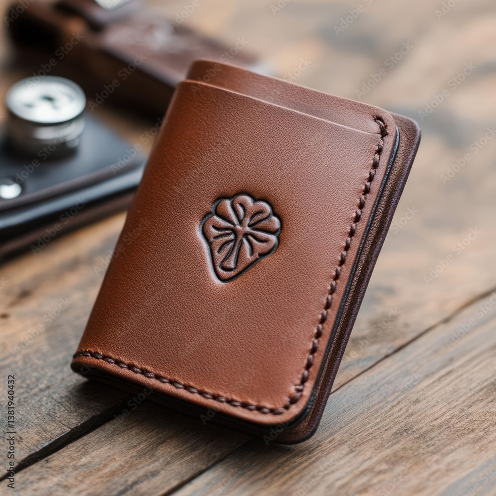 Poster close-up shot of a brown leather wallet with embossed floral design on wooden surface. wallet stands