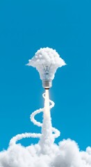 Ideas inspiration concepts with rocket lightbulb on blue background. Business start up or goal to success, cloud trail,,ai generated, generated ai 