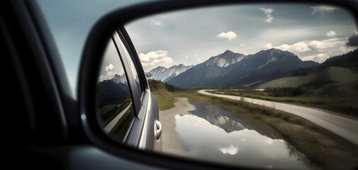 Naklejka premium Road trip views: Majestic mountains reflected in the car's side mirror, capturing the essence of adventure and picturesque landscapes.