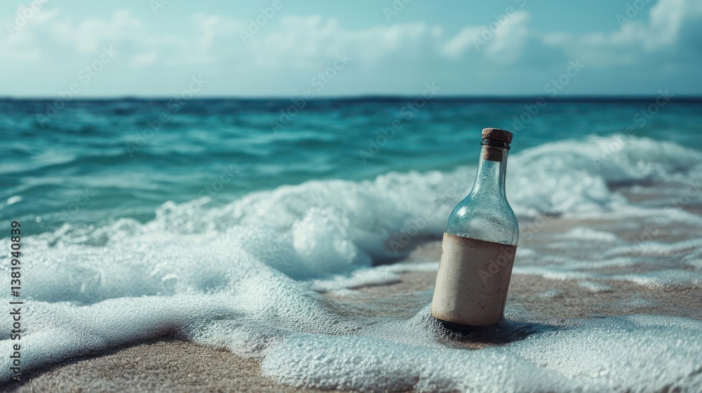 Poster Message in a bottle washed ashore on a sandy beach with clear turquoise water waves and white foam. The bottle has a cork top and a scroll inside