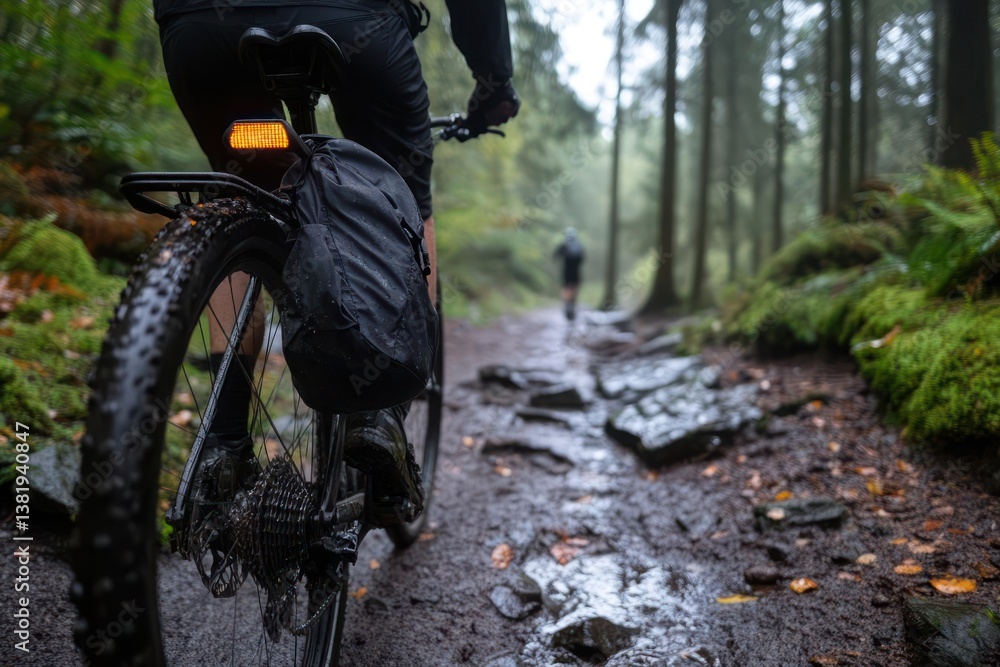 Poster cyclist riding a mountain bike on a muddy forest trail with a blurred figure in the background under