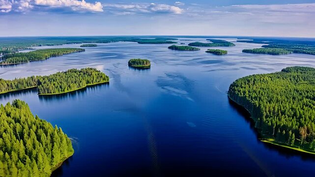 Aerial View of Tranquil Lake Surrounded by Green Forest and Multiple Small Islands

