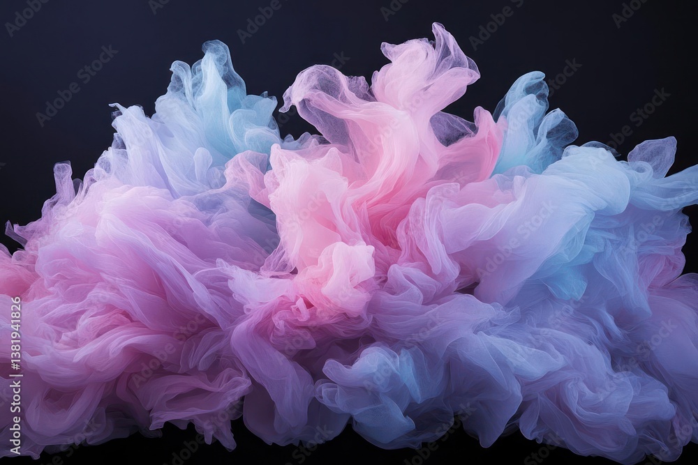 Poster abstract cloud of pink and blue pixelated smoke on black background, airy and ethereal with gradient