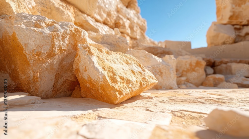 Aufkleber sunlit view of weathered sandstone blocks and fragments casting shadows against a clear blue sky arc