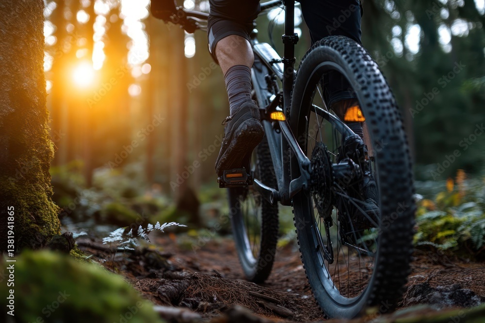 Poster Mountain biker riding through forest trail with trees in background and sunlight in background. The view is from behind and close up of back wheel
