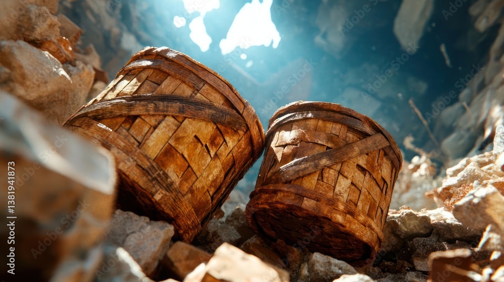 Poster Two wicker baskets amidst rubble illuminated by dramatic sunlight creating a scene of destruction and resilience. The textures of the stone and baskets add to the narrative