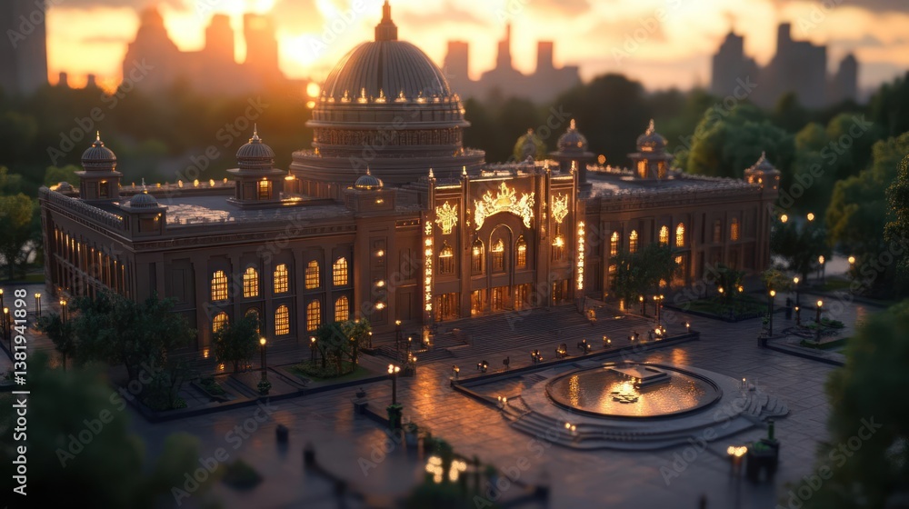 Poster grand architectural building illuminated by warm golden light at sunset creating an atmosphere of hi