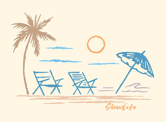 Illustration of a beach scene in simple, stylized lines.