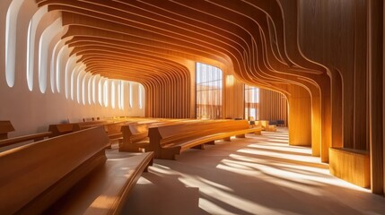 Obraz premium Sunlit Sanctuary: A Modern Wooden Chapel's Interior