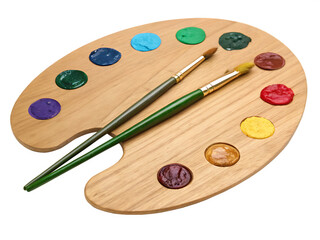 Wooden artist s palette with samples of paints isolated on transparent background