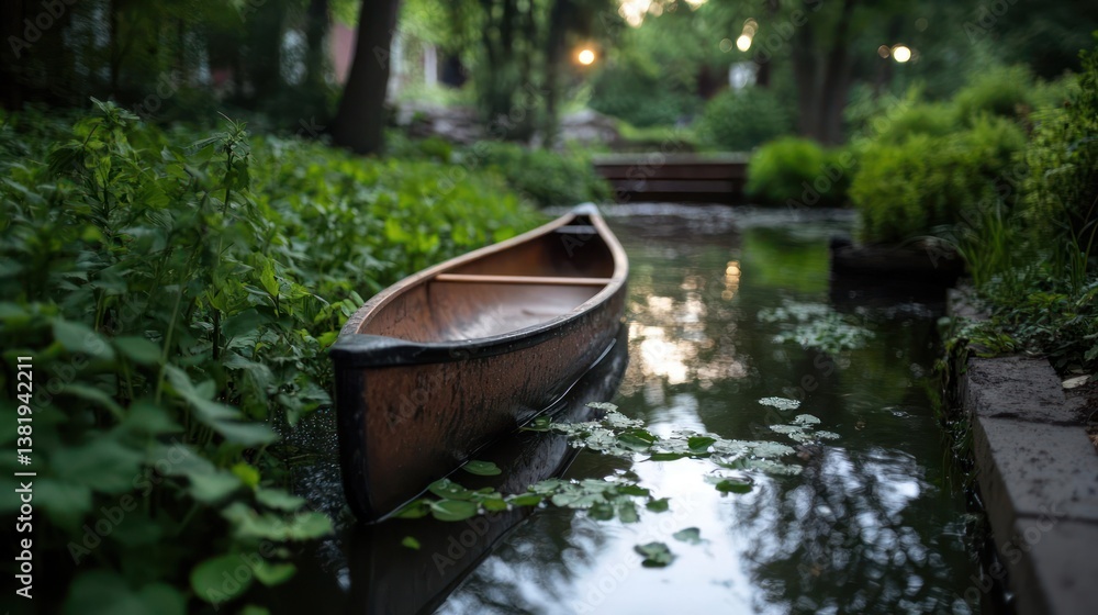 Poster Wooden canoe floating in a tranquil waterway surrounded by lush greenery with soft bokeh lights in the background. Serene outdoor scene with calm waters. 