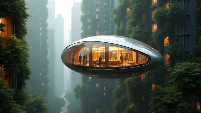 A futuristic transportation capsule. Solarpunk City with Flying Cars and Green Architecture
