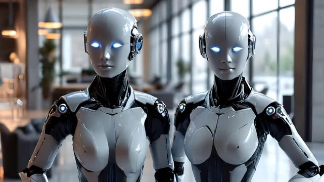 Two elegant female humanoid robots in a sleek laboratory. A stunning vision of robotics, artificial intelligence, and the future of synthetic life.