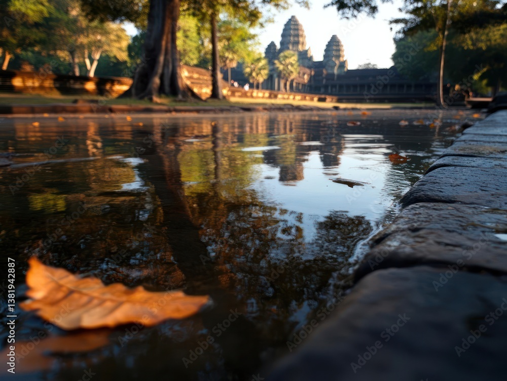 Poster ancient temple reflecting in the water with autumn leaf in foreground and soft morning light. focus 