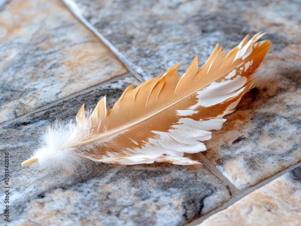Leinwandbilder Close-up of a feather with shades of brown and white resting on a tiled surface capturing intricate details and texture