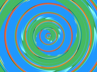 Swirling concentric circles of blue and green, separated by thin orange and teal lines, create a hypnotic background pattern.  The vibrant colors enhance the visual effect.