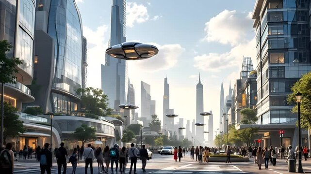 A bustling city of the future featuring flying cars, futuristic buildings, and high-tech street life. An energetic blend of innovation, smart systems, and mobility.
