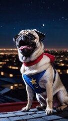 Superhero Dog Overlooking the City at Night from Rooftop