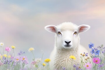 Obraz premium A fluffy sheep standing in a field of wildflowers, its wool thick and soft