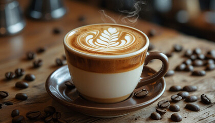  Cappuccino with Latte Art + Steaming Hot Coffee + Café Aesthetic