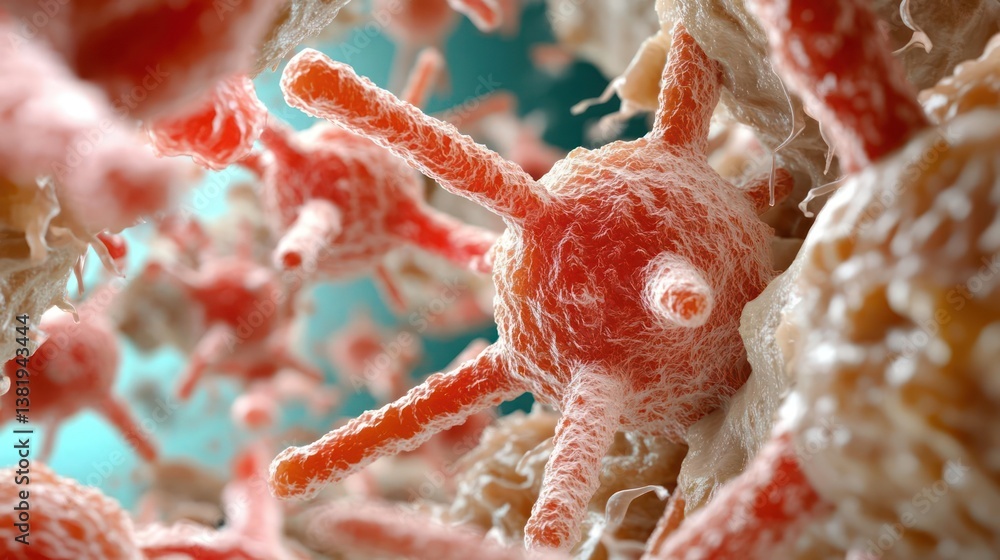 Fototapete close-up view of microscopic structures showcasing intricate cell details with a focus on vibrant re
