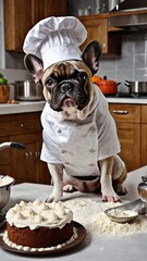 Dog Chef in Kitchen Wearing White Uniform and Hat