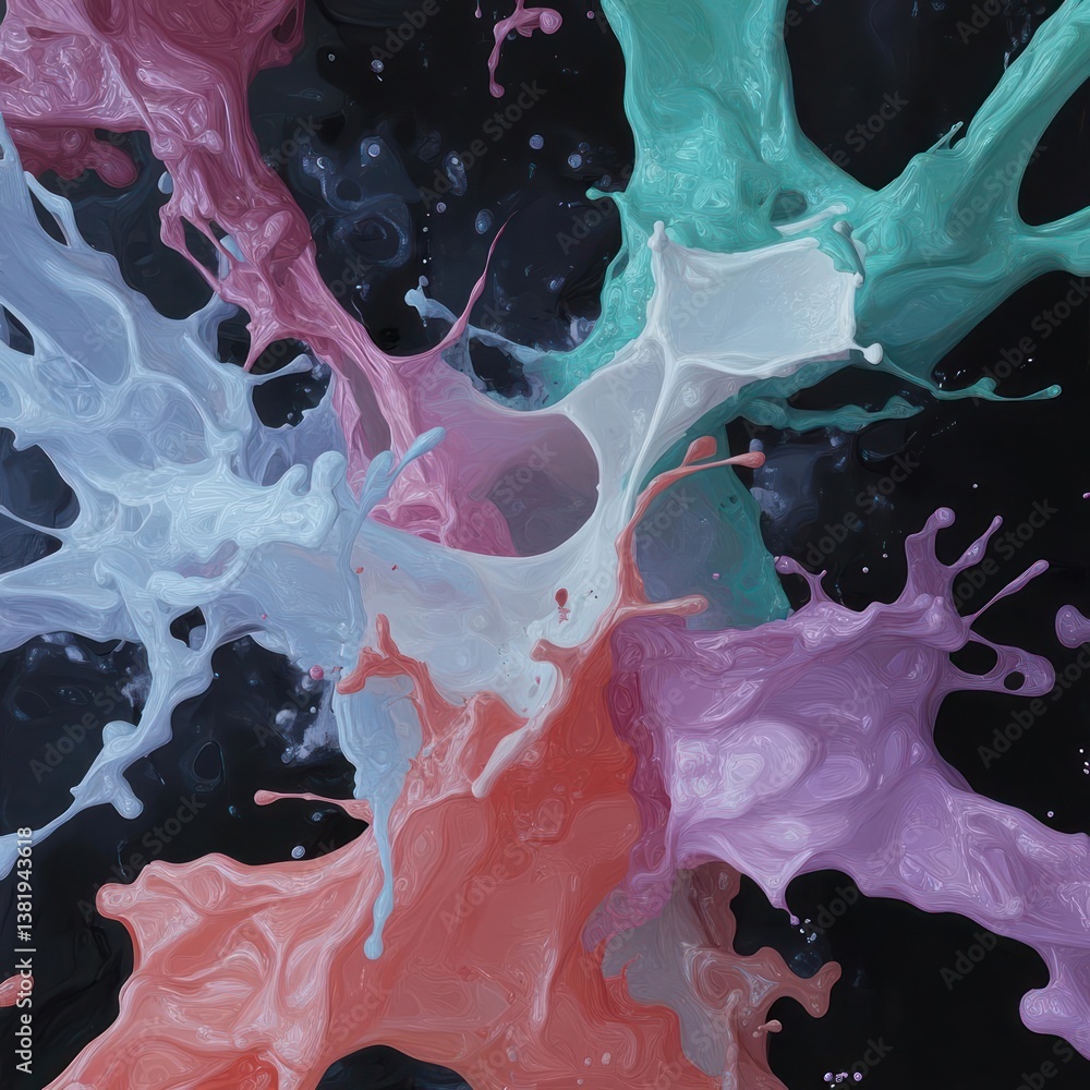 Aufkleber abstract colorful liquid splash on a black background with various pastel hues and a textured surfac