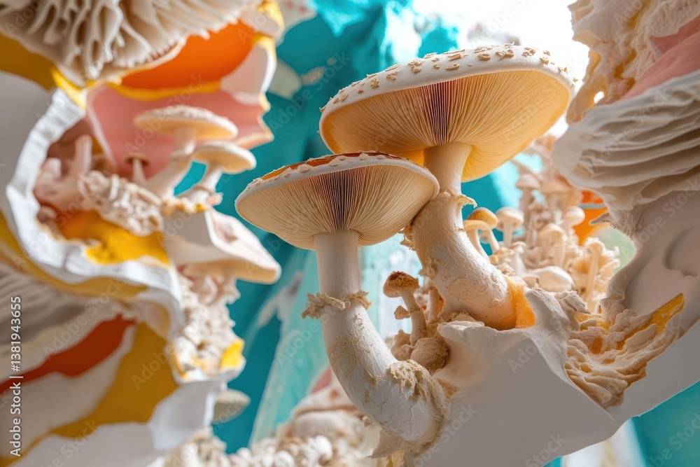 Poster close-up view of detailed mushroom structures with various colors and textures creating an abstract,