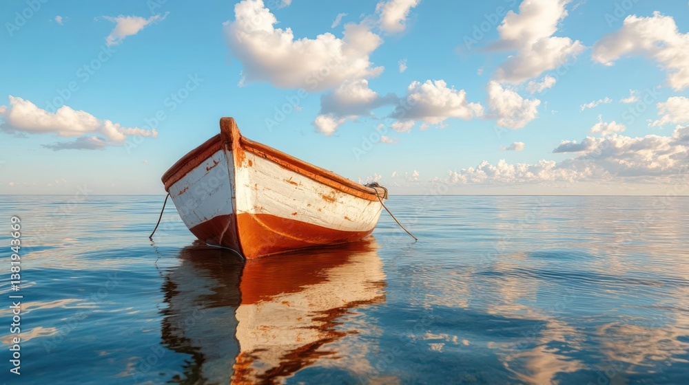 Aufkleber generic boat floating on calm water reflecting sky and clouds during sunny day