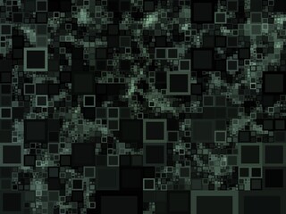 A dark background showcases a chaotic arrangement of overlapping squares.  Varying shades of dark green and black create a complex, textured pattern.