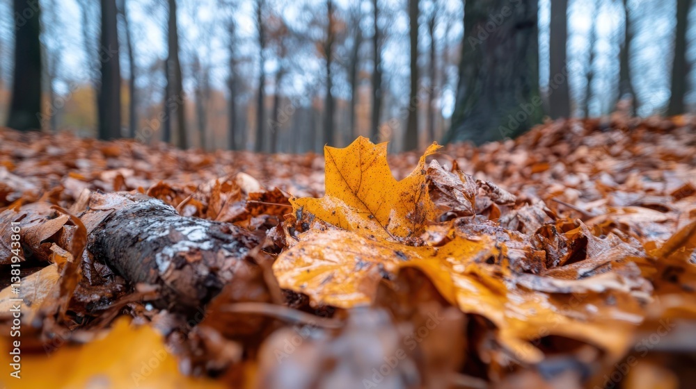 Poster close up view of vibrant yellow and brown autumn leaves scattered on the ground in a forest setting 
