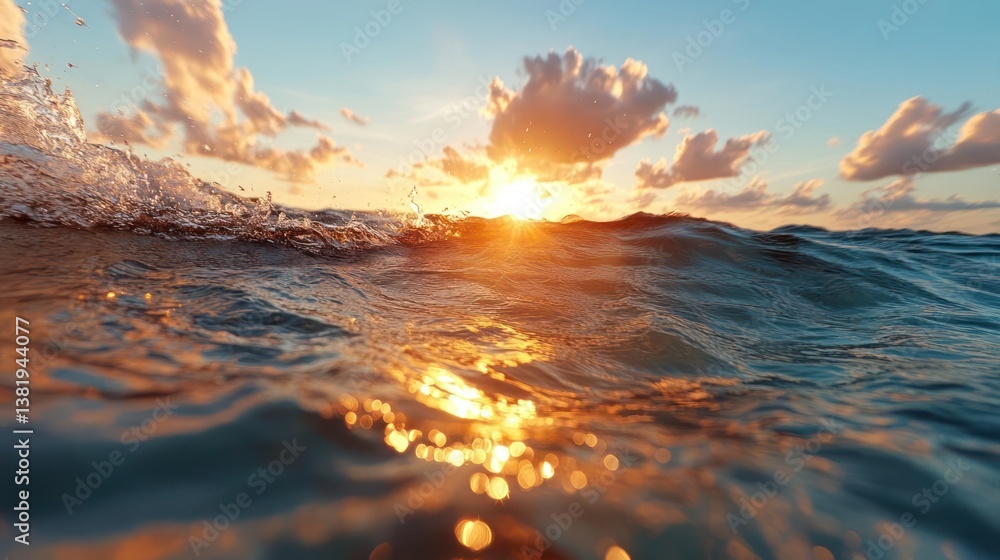 Aufkleber a dynamic view from underwater captures a breaking ocean wave with a brilliant golden sunset lightin