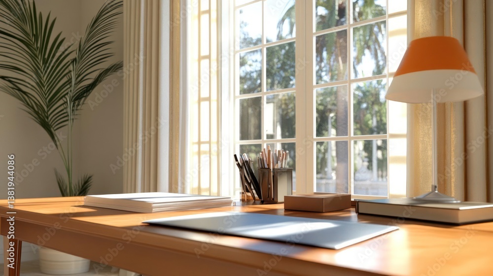 Aufkleber a sunlit interior scene featuring a wooden desk with papers pens and books in front of a large windo