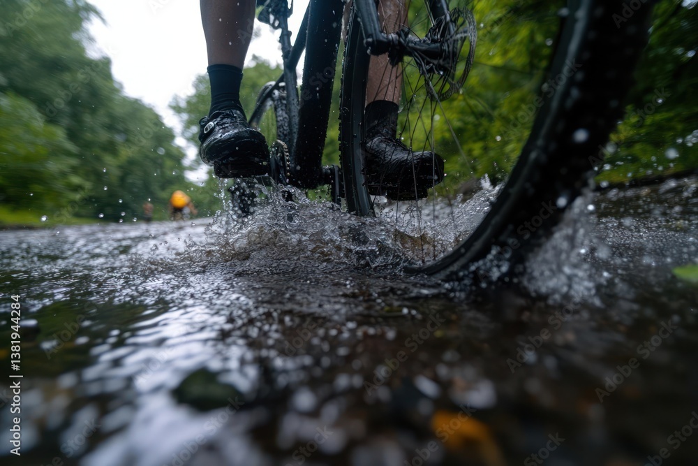 Poster Close up view of a bicycle wheel splashing through water with blurred background of green trees and other cyclists
