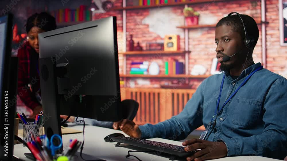 Poster customer support worker has conversation with client in live chat, providing solutions. call center 