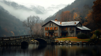 Stone house, autumn lake, misty mountains, tranquil scene, travel poster