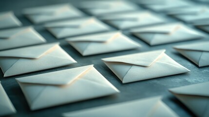Rows of white envelopes neatly aligned on a flat surface with blurry background