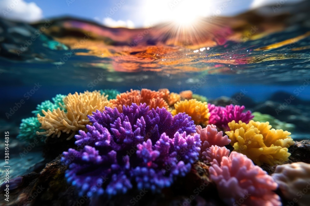 Aufkleber underwater scene of vibrant coral reefs illuminated by sunlight creating a colorful aquatic environm