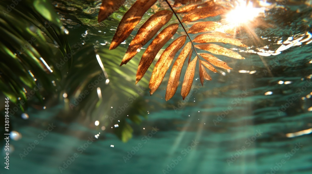 Poster underwater view with sunlight filtering through water illuminating a fern frond and other foliage cr