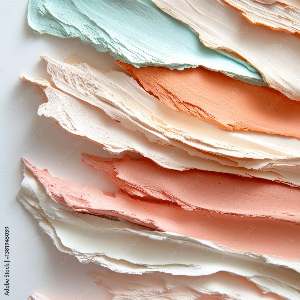 Poster Close up image of layered textured paper in pastel colors with a white background creating a visually appealing abstract composition