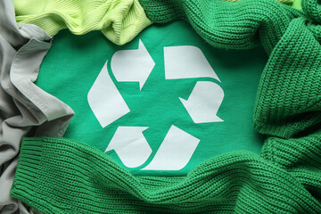 Closeup view of recycling logo on different clothes