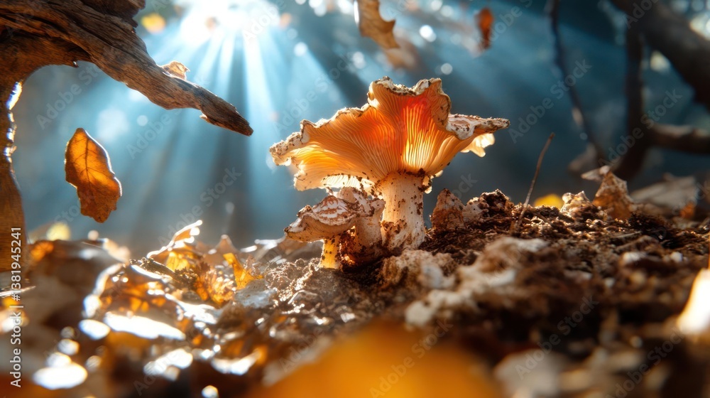 Aufkleber close up of a mushroom in a forest with sunlight rays, surrounded by fallen leaves and branches. aut
