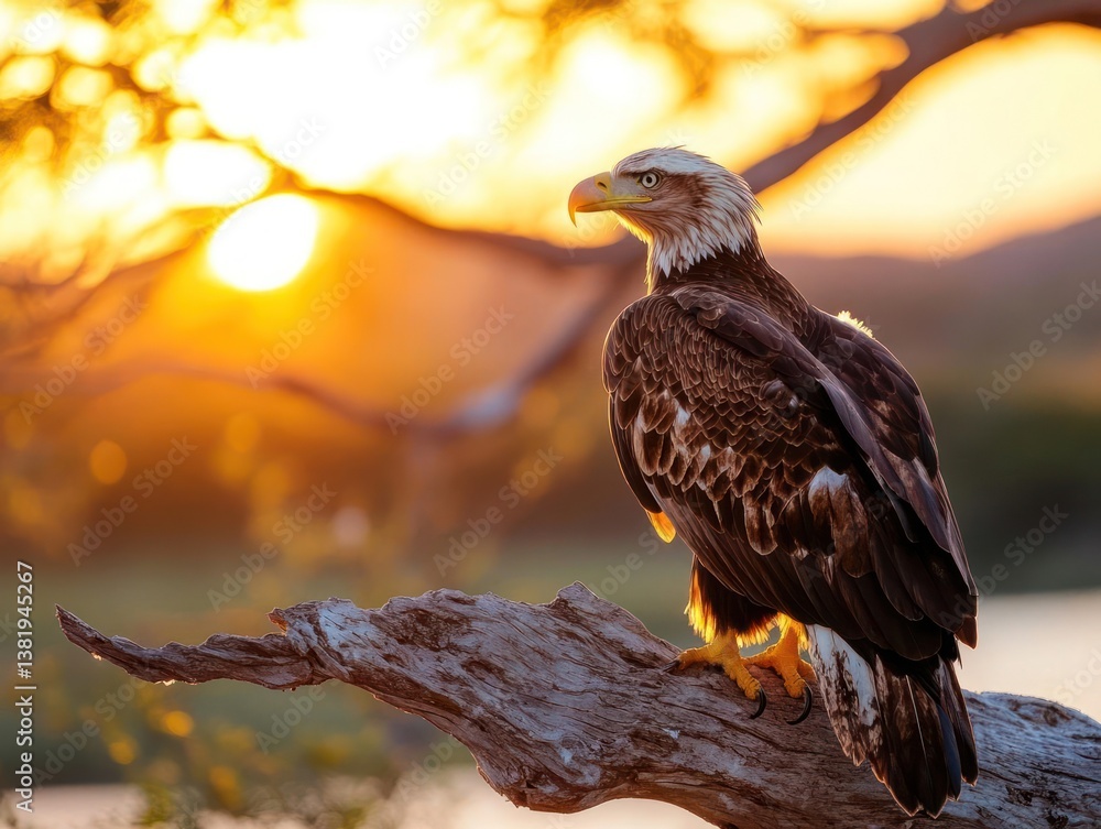 Poster Generic bird perched on a branch with golden sunlight in background, its feathers and the branch textures are detailed